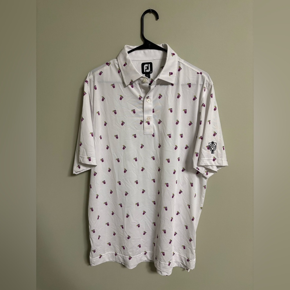 FootJoy Golf Shirt Men Size Medium Cocktail Drink Short Sleeve Polo White Purple